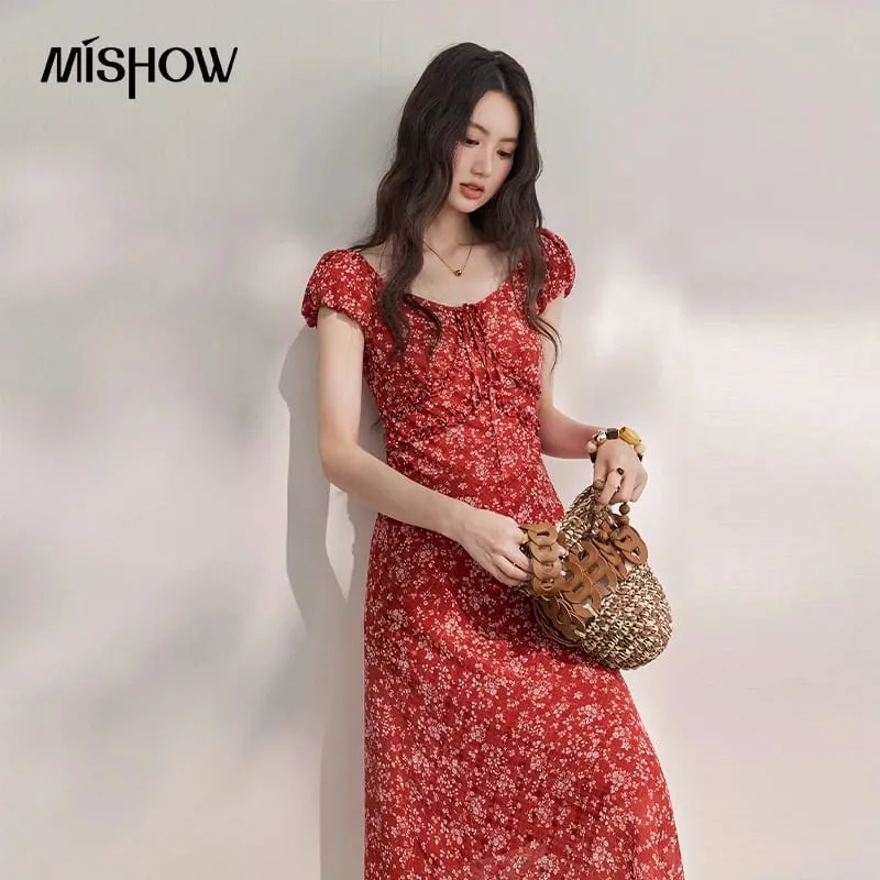 Women's Vintage Red Floral Chiffon Midi Dress 2026 Summer Square Neck Ruffle Tie Front Slim Long Dresses MXF24L2716