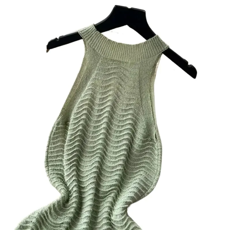 Groene Doorzichtige Mini-jurk met Halterhals Dames Mouwloze Golvende Getextureerde Zonnejurk Stretchy Gebreide Bodycon Zomerfeestjurk