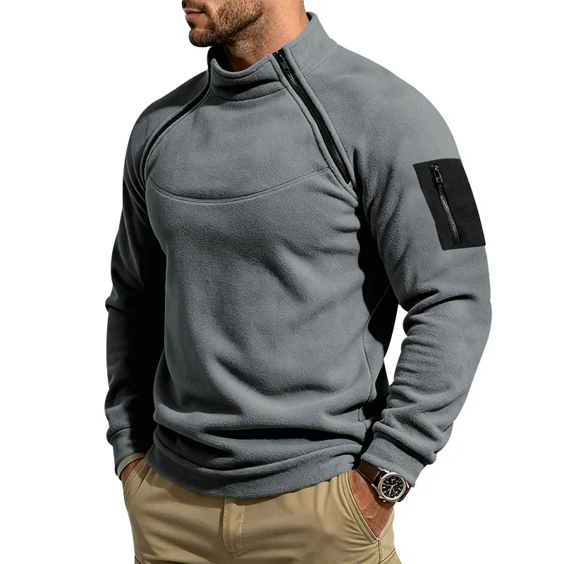 Men Fleece Stand Collar Sweatshirt Diagonal Zipper Arm Pocket Long Sleeve Loose Casual Pullover Autumn Winter Outdoor Tops — image 7