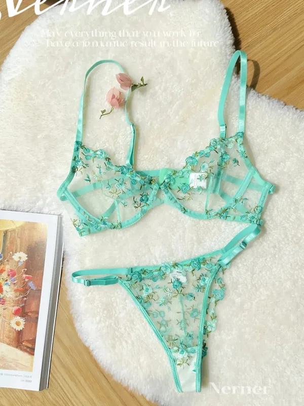 Transparent Floral Lace Embroidery Bra Set Summer Thin Minimizer Underwear Soft Breathable Full Bust Female Home Daily Wear S-XL — image 7