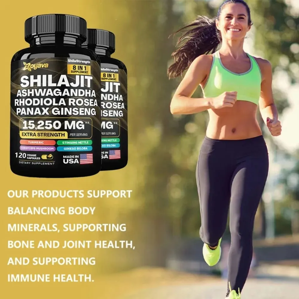 8 in 1 Supplements - Shilajit with Ginseng Ashwagandha for Brain Memory Concentration Energy Immune Health