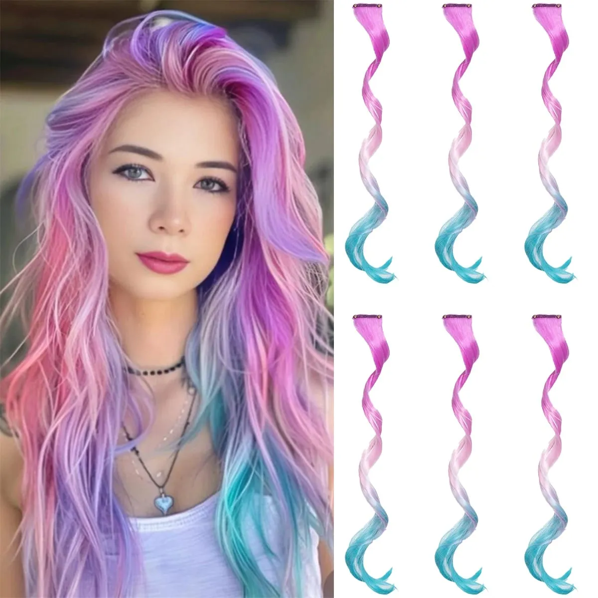6PCS Ombre Clip In Hair Extensions Synthetic Body Wave Long Wavy Rainbow Highlight For Women Party Cosplay Festival Hair — image 10