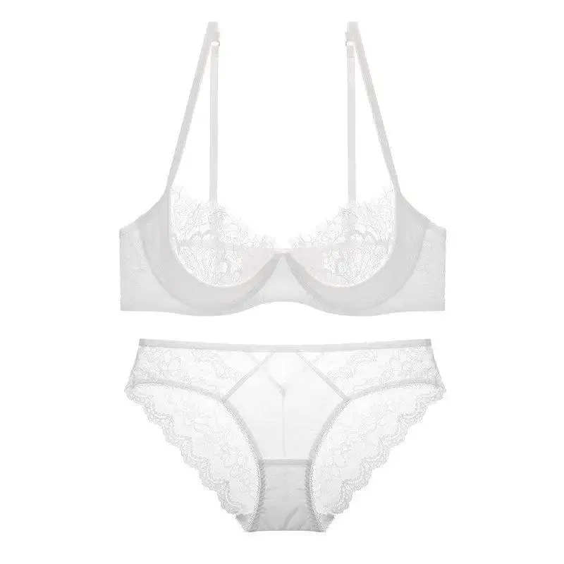 French Sheer Lace Lingerie Set Half Cup Thin Unlined Minimizer Bra Underwire Lift Support Large Bust Ladies Matching Briefs S-XL