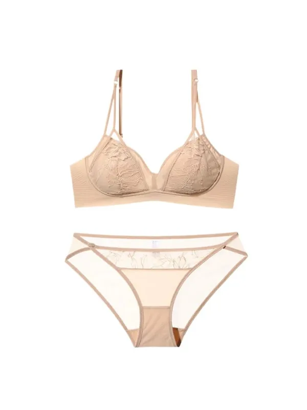 Bestseller French Lace Wireless Bra Set Lightweight Summer Sexy Pure Desire Triangle Cup Ladies Intimates