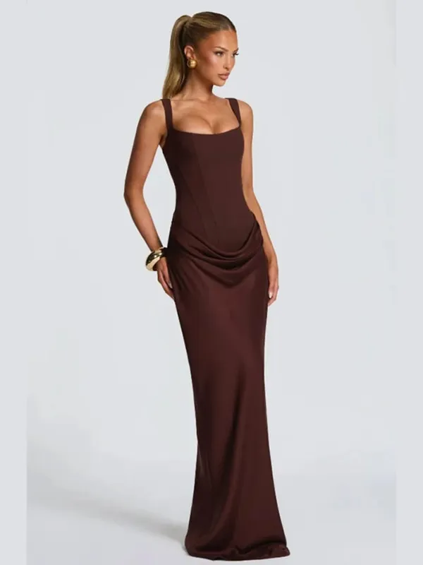 Lady Sexy Strapless Split Solid Pleated Dress Women Chic Backless High Waist Off-shoulder Dresses 2026 New Evening Party Gowns