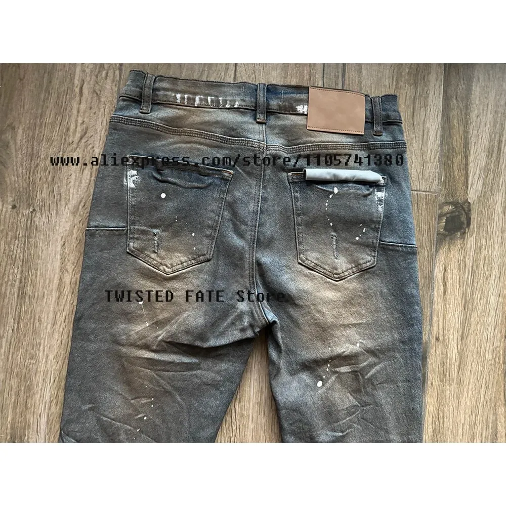 Men's High Street Distressed Dirty Washed Light Blue Cut Out Stretch Skinny & Slim Fit Spray Painted Ripped Jeans — image 4