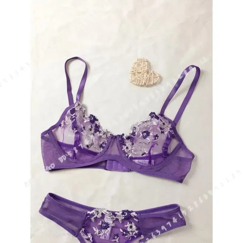 Purple Fancy Lingerie Set Women Embroidered Flower Bra and Panty Underwear Female Outfits