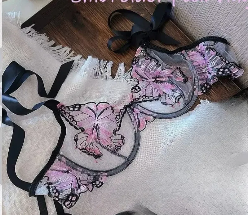 Modest Romantic Lace Butterfly Embroidery Bra Sheer Mesh Camisole Sleepwear Women Daily Wear Push Up Soft Lingerie Set 34-40