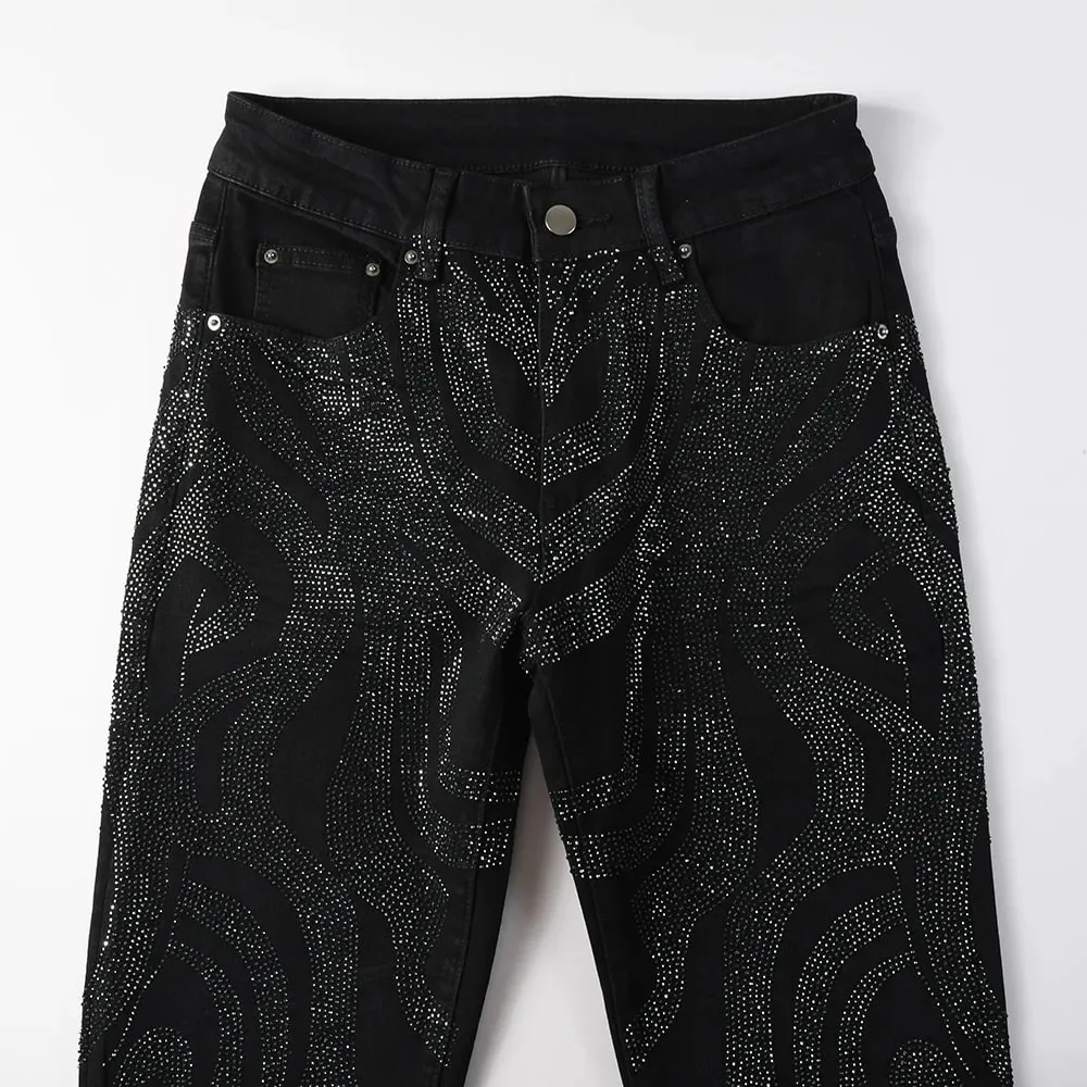 Men Crystal Denim Jeans High Quality Rhinestone Stretch Pants Streetwear Black Skinny Tapered Trousers — image 3