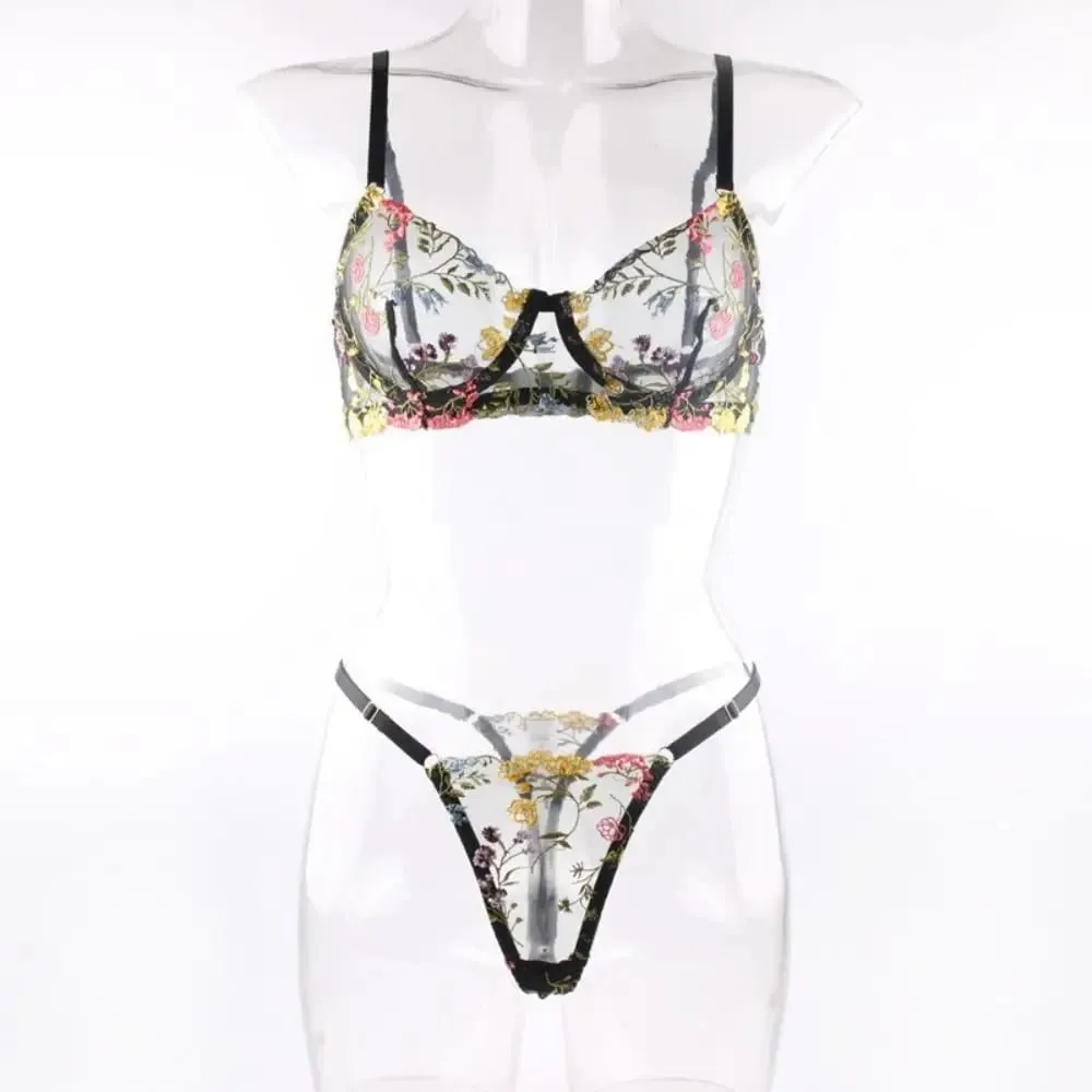2-Piece Versatile Floral Lingerie Set Embroidery Sheer Boho Bra Panty Set Wireless Bra — image 3
