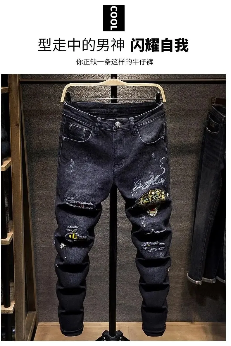 New Ripped Jeans Patch Slim Tiger Head Embroidery Casual Versatile Cargo Pants Men Clothing Low Rise Designer Skinny Jeans Men