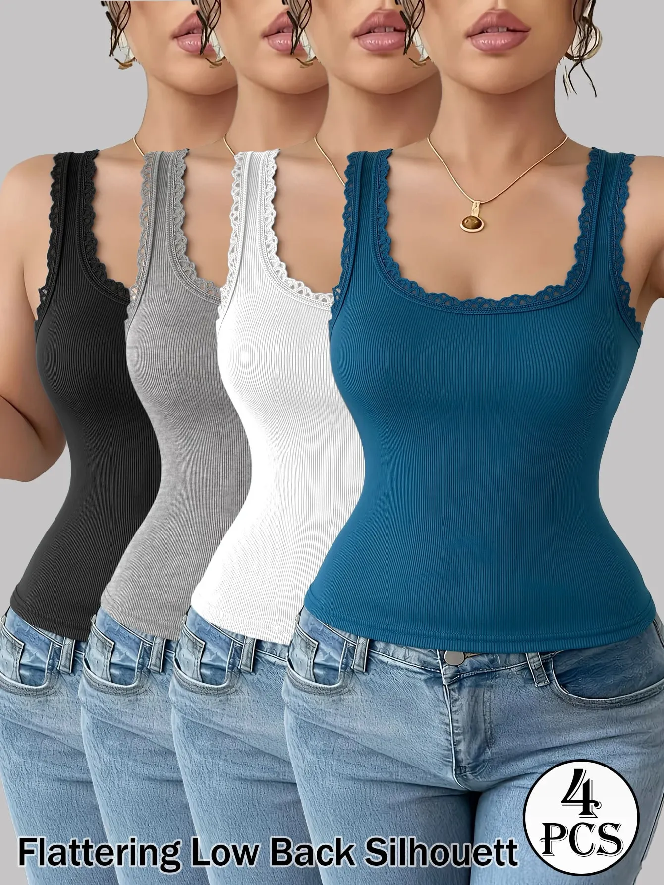 4-Pack Women's Ribbed Knit Tank Tops Lace Trim U-Neck Slim Racerback Vests Sleeveless Tops for Summer Casual & Sports