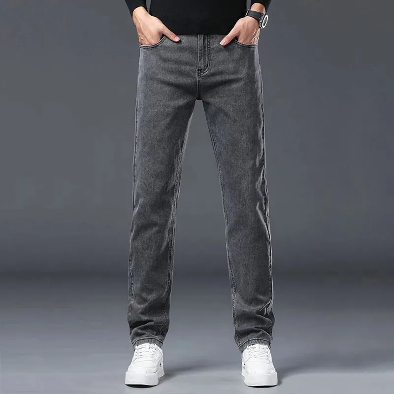 Spring New Men's Slim Fit Elastic Jeans Fashion Gray Comfortable Casual Denim Pants Korean Business Work Straight Black Trousers