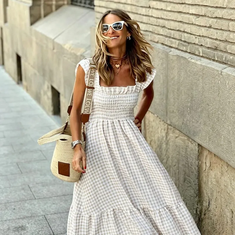 Elegant Temperament Plaid Patchwork Slip Boho Dress Summer Ruffle Backless Pleated Elastic Waist Swing Loose Party Dresses — image 2