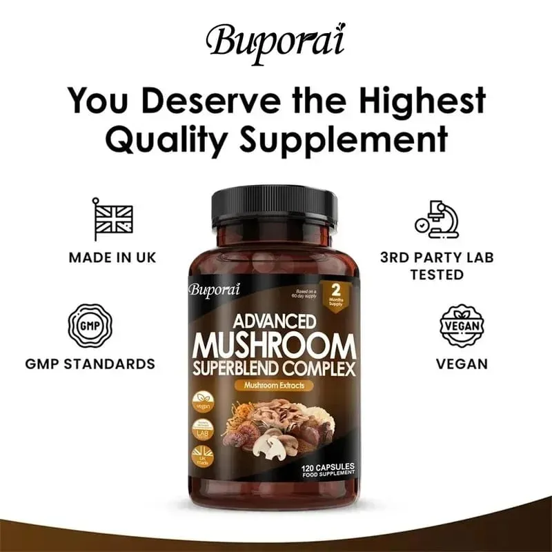 Mushroom Super Blend Complex - Brain Nervous System Health and Memory Supplements Immunity Sleep Energy Mood Support