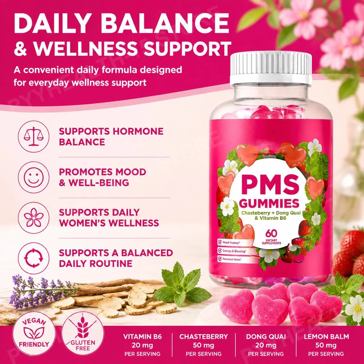 PMS Support Gummies with Chasteberry Vitex Dong Quai Vitamin B6 & Lemon Balm for Women's Monthly Wellness & Mood 60 Gummies