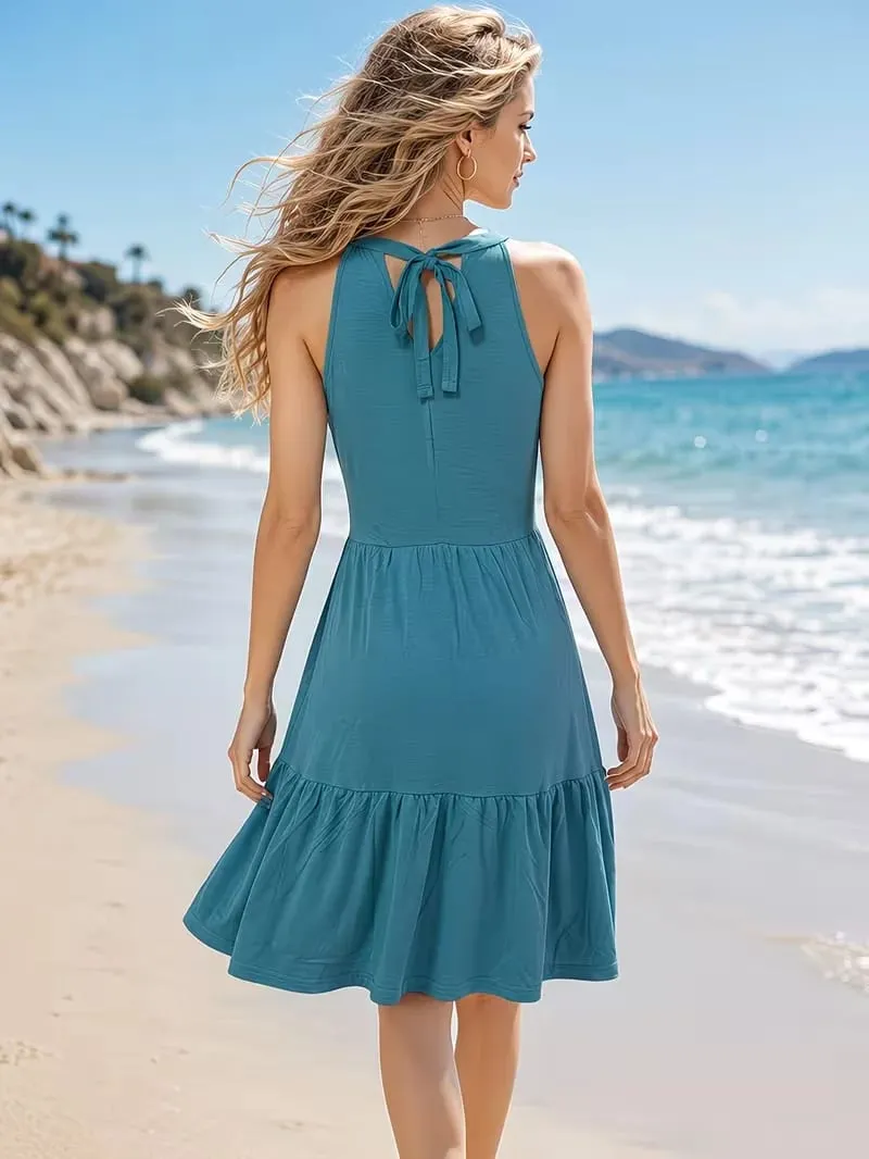 Women Summer Elegant Sleeveless solid color Halter Neck Beach Ruffle Hem Loose Vacation Knee Length Dress — image 3