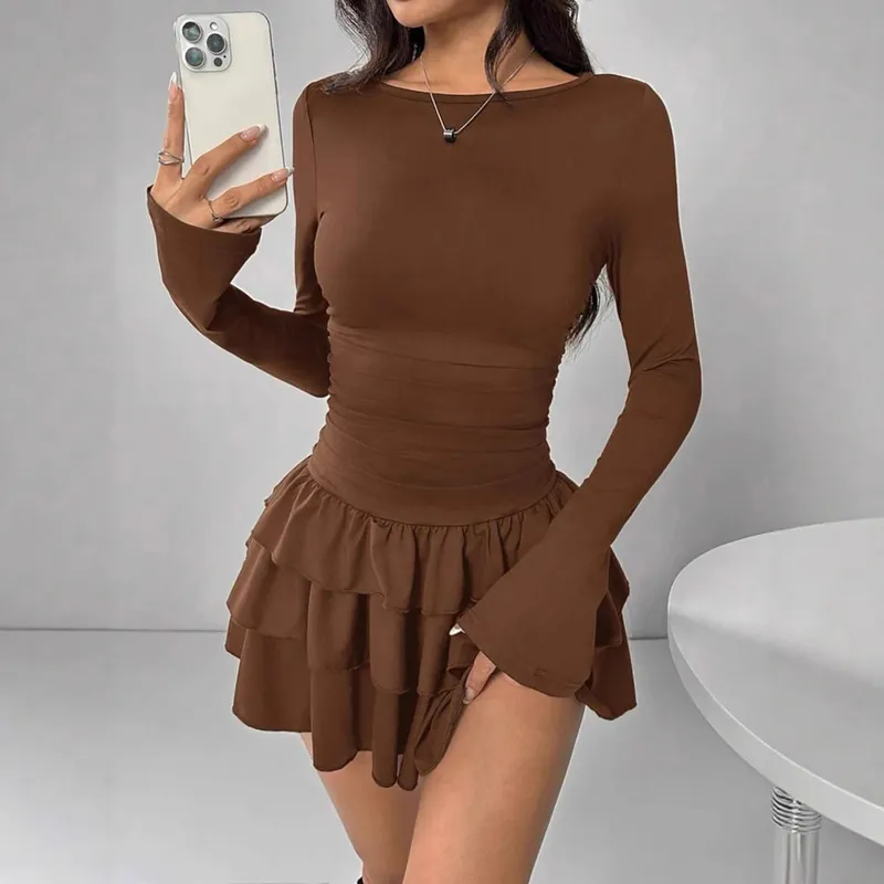 Temperament Dresses 2025 Woman Mini vestidos Simple Style Elegant French Bodycon Slim Pleated Fashion Long Sleeve Commuting Sexy