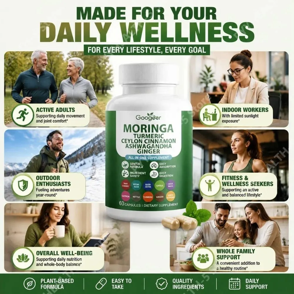 Googeer Moringa Turmeric Capsules All-in-one for Joint Health Support with Ashwagandha Ginger and Ceylon Cinnamon 60 Capsules