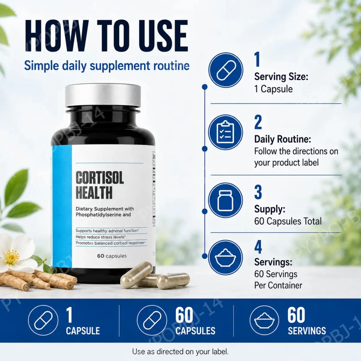 Cortisol Health Capsules with Phosphatidylserine Magnesium 60 Capsules Non-GMO Daily Calm Sleep Support for Adults Men Women
