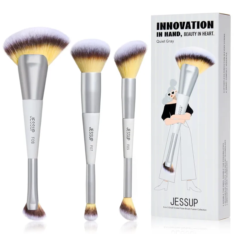 Jessup Make-up-Pinsel-Set, 3/7-teilig, Dual-Ended Synthetic Foundation Blush Highlight Blending Augenbrauenpinsel mit Tasche, Quiet Grey T520