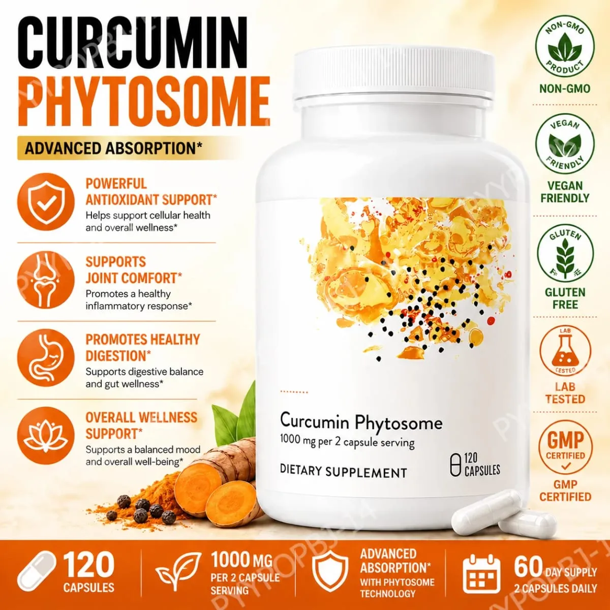 Curcumin Phytosome 1000mg Capsules Advanced Absorption Antioxidant Support 120 Capsules Non-GMO Gluten Free — image 1