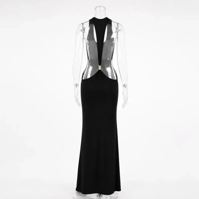 Tossy femmes licou dos nu moulante Maxi robe dos ouvert Spaghetti sangle or anneau robe de soirée été plage longue robe