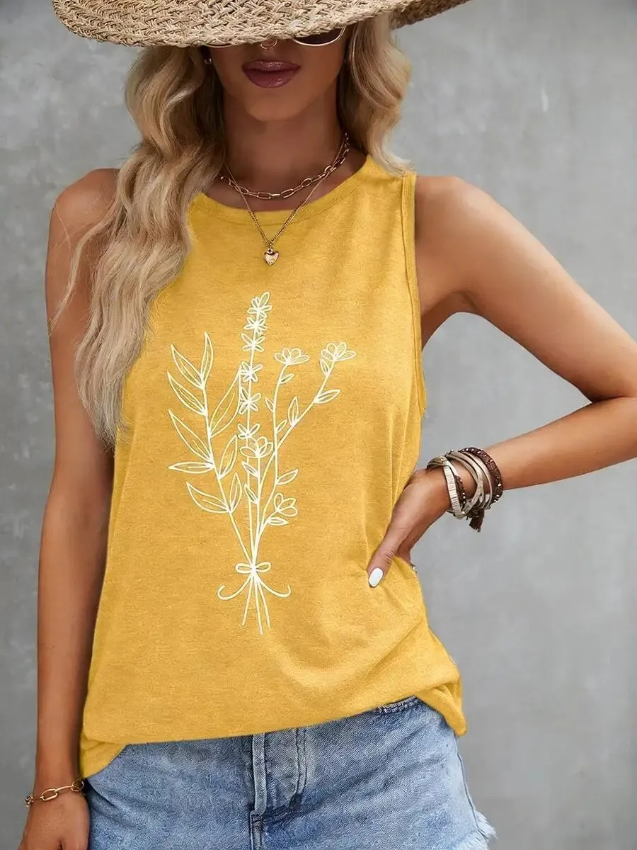 Casual Yellow Floral Print Round Neck Tank Top Loose Fit Sleeveless Blouse For Daily Vacation Beach Summer Outfits — image 10
