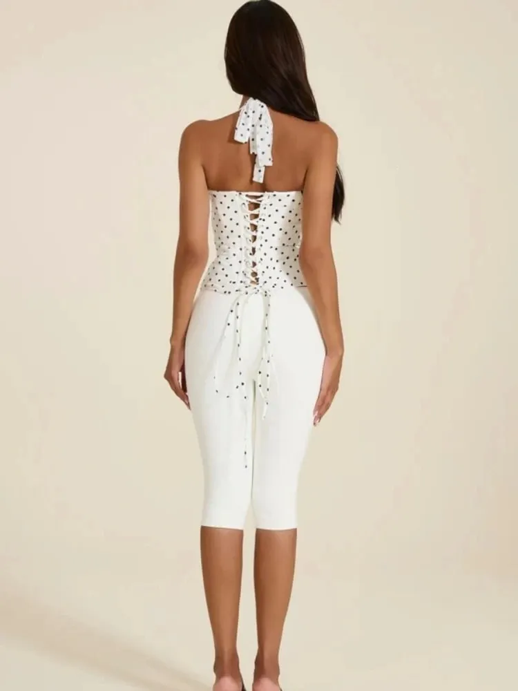 Women's Polka Dot Ruched Back Bodysuit-style Retro Tie-up Strappy Top Sweet Y2K Party Streetwear Ladies Top