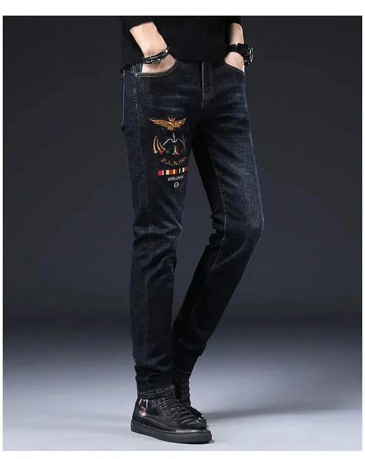 High-end Men's Jeans Summer New Embroidery Printed Slim-fit Elastic Small Feet Trousers Punk Clothing Luxury Brand Men Jeans