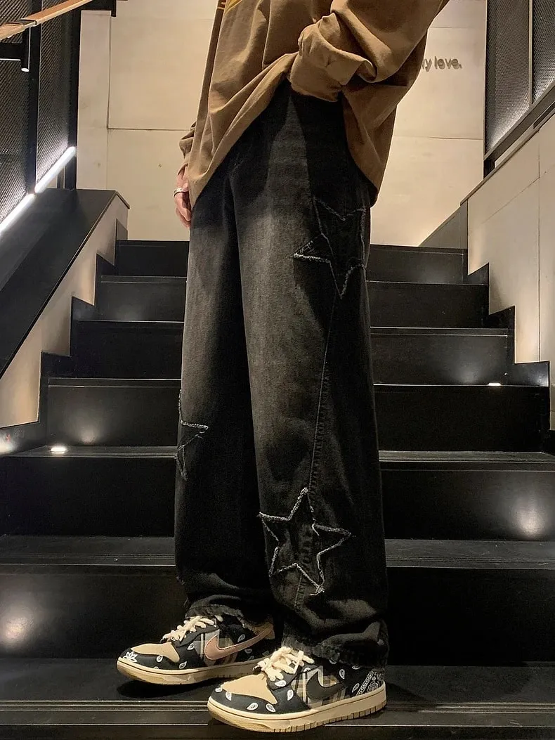 Men's Black Faded Baggy Wide Leg Jeans Raw Edge Star Patch Detail Hip Hop Street Style Casual Daily Going Out Loose Fit Denim Trousers