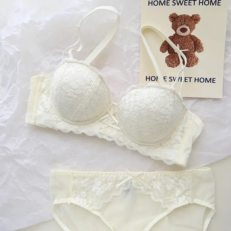 French Lace Women Bra Set Wire Free Push Up Lingerie Set Small Bust Lift Enhance Brassiere And Panty Underwear 32‑38