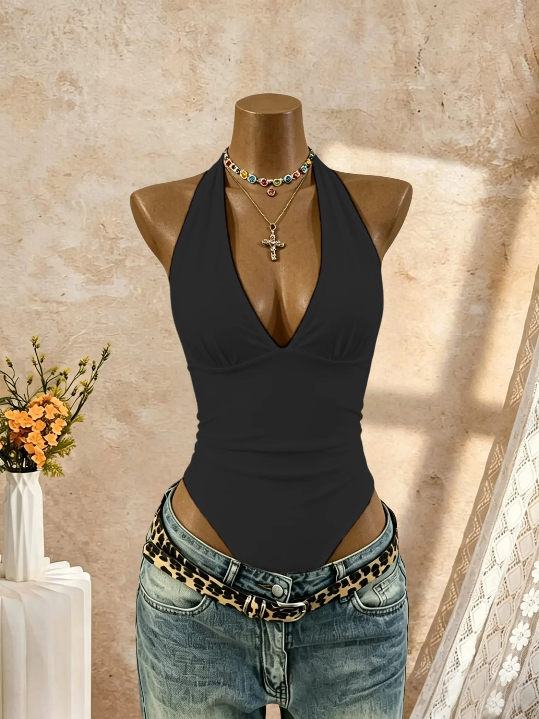 Women Halter Deep V Neck Bodysuit Solid Color Sleeveless Ruched Front Slim Fit Basic Jumpsuit Tank Top
