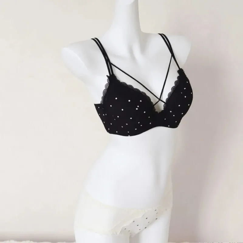 Elegant Japanese Polka Dot Bra & Brief Set Push Up Plunge Small Bust Lift Support Anti Sag Side Coverage Adjustable Comfort