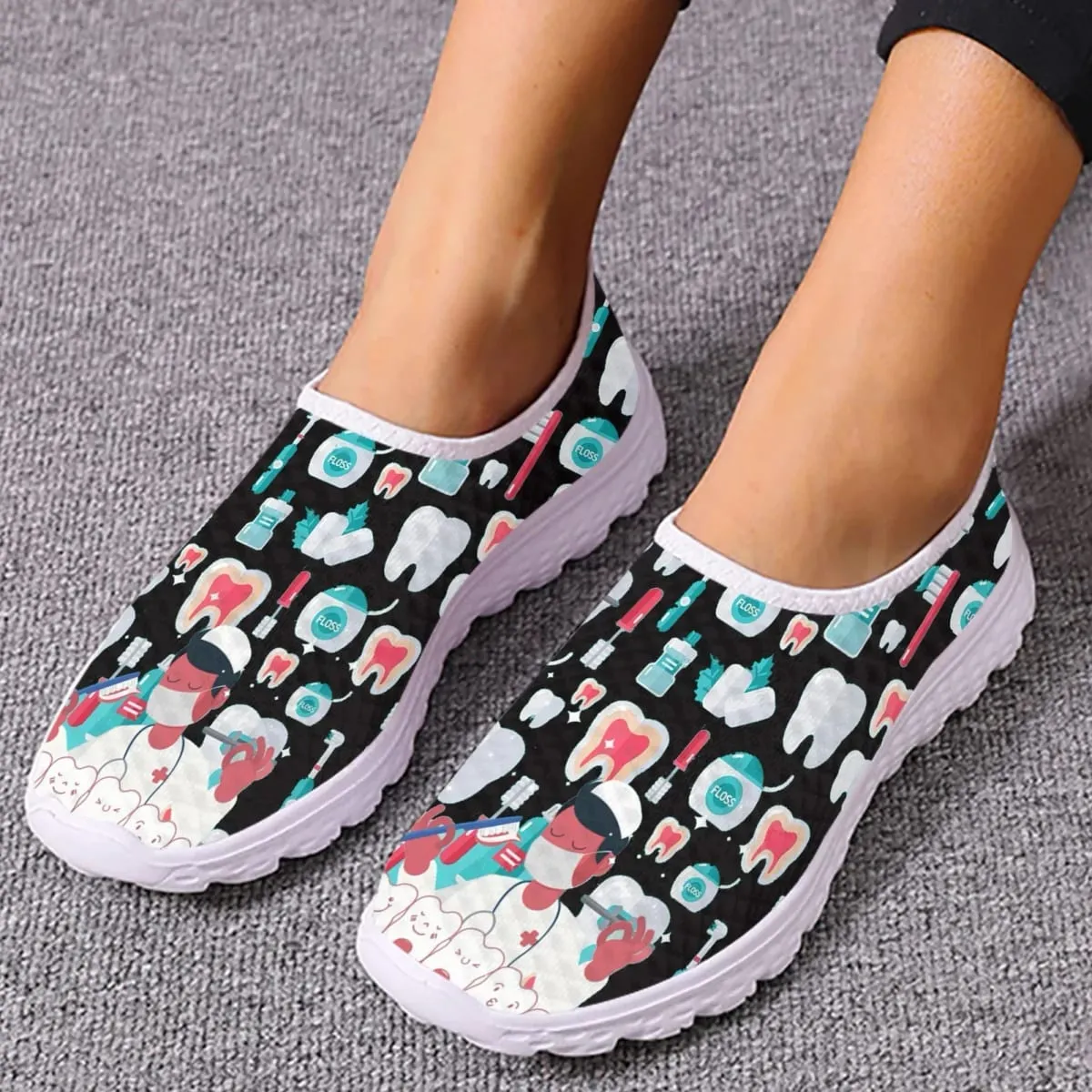 Dentist Shoes Women's Flats Cartoon Dental Nurse Print Breath Mesh Comfort Sneakers For Ladies Girls Summer Loafers — image 2