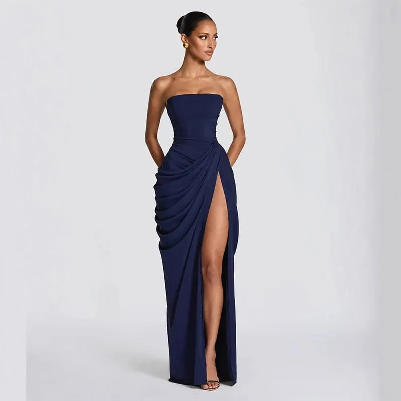 Sexy Solid Pleated Strapless Dress Lady Chic Off-shoulder Backless High Waist Split Dresses Women 2026 New Evening Party Gown