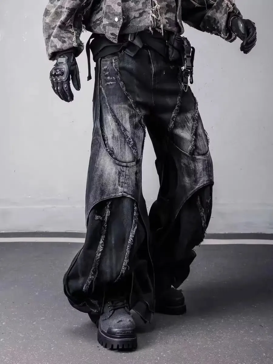 Patchwork Denim Trouser Vintage Men's Oversize Cargo Jeans Pants Clothes Y2k Baggy Flare Jeans Harajuku Japanese 2000s Style