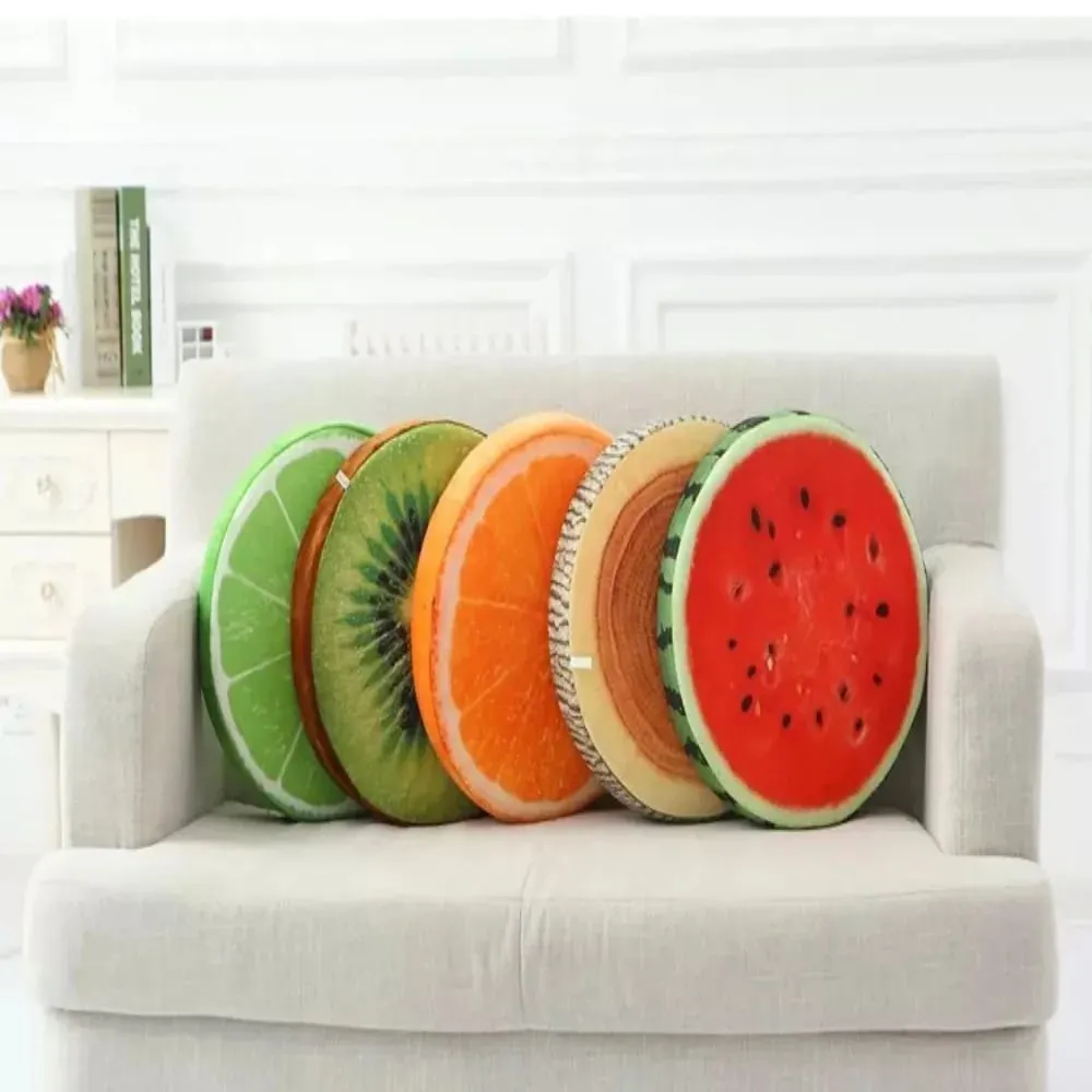 Creative Round Fruit Pillow Fruit Slice Print Plush Fabric Seat Cushion Simulation Stuffed Inner Plush Pillow Sofa Decor