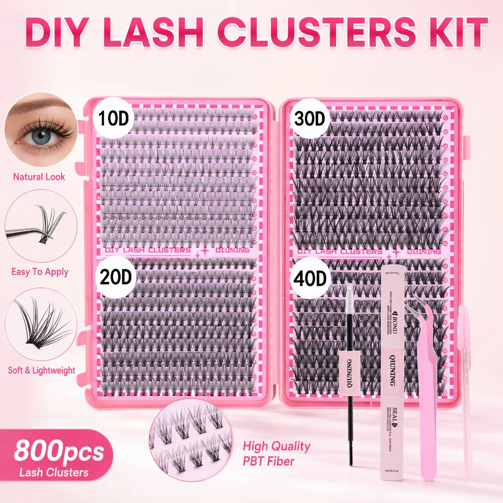 800PCS Lash Extension Kit DIY Clusters Eyelash Extension Kit Lashes Kit with Lash Bond and Seal Lash Tweezers