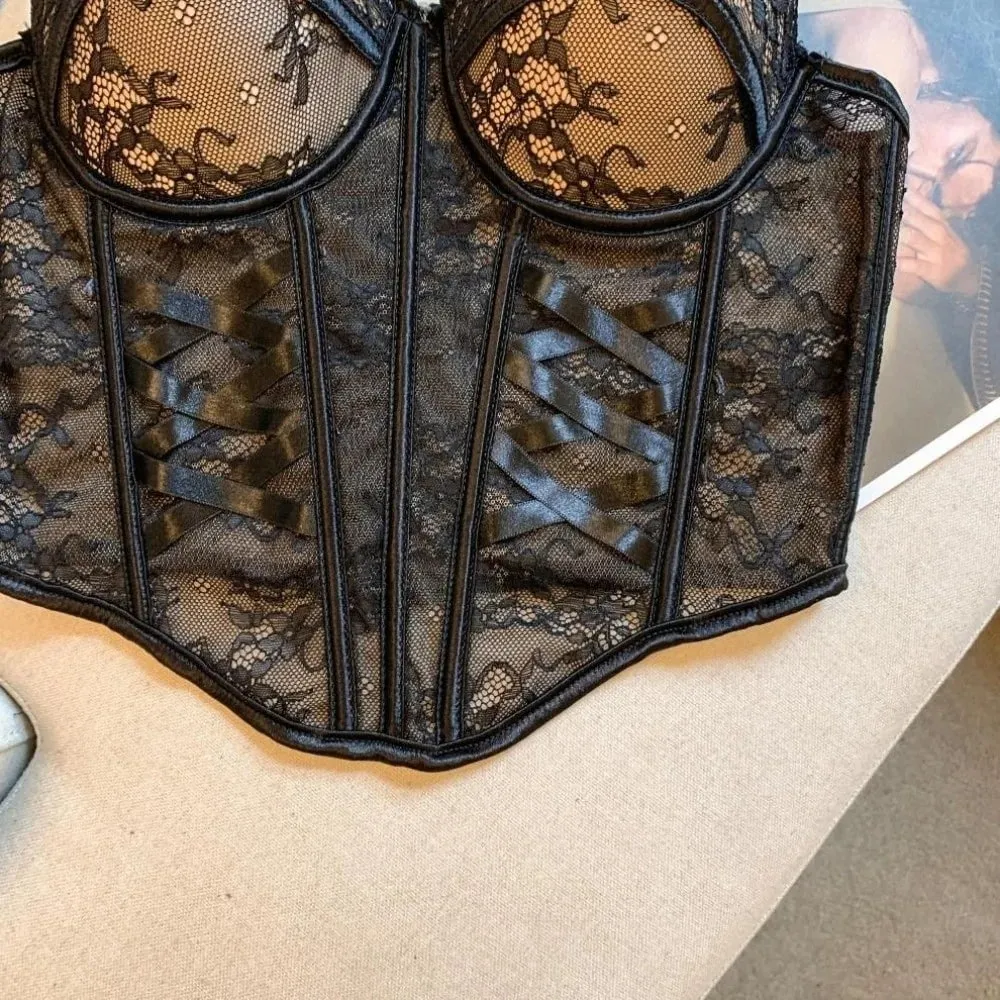 Mesh Flower Lace Corset Bottoming Shirt Spicy Girls Style Slim Lace Crop Top Fishbone Sleeveless Girl's Suspender Vest