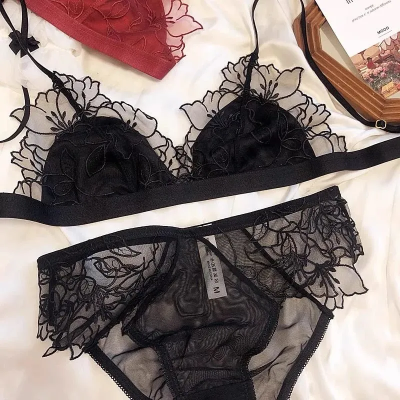 Women's French Embroidered Lace Bralette Set Ultra Thin Sexy Triangle Non Padded Wirefree Bra Small Chest Elegant Straps S-XL