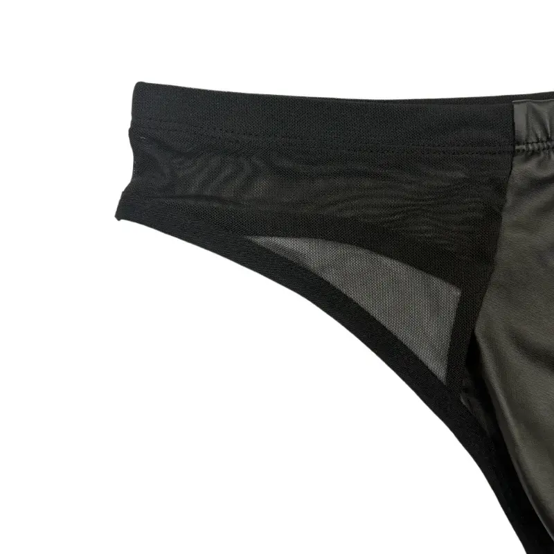 Sexy Men Low Rise Triangle Underwear PU Leather Front Spliced Breathable Mesh Sides Transparent T-back Briefs