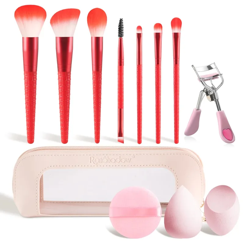 12Pcs Complete Makeup Tool Kit 7 Makeup Brushes 2 Beauty Sponges Eyelash Curler Powder Puff Storage Bag Full Cosmetic Set