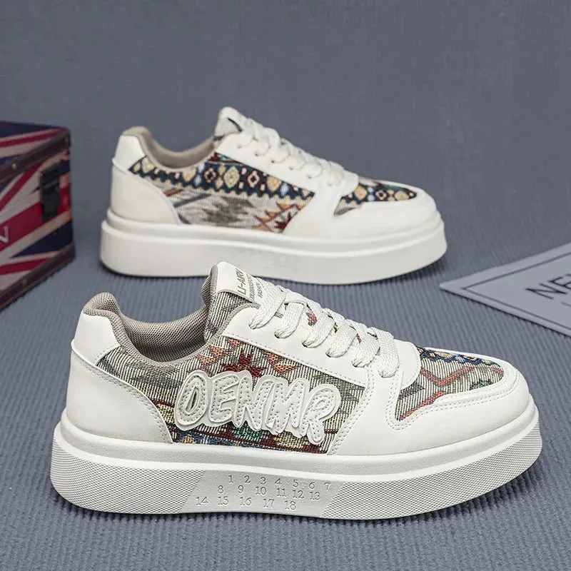 Men Spring Summer Sneakers Platform Board Shoes Ethnic Patchwork Fabric Casual Skateboard Lace Up Male Footwear
