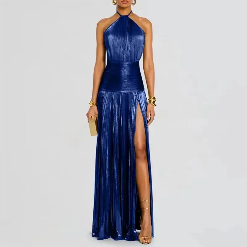 ทองเซ็กซี่ Halter สูงแยกชุดราตรีผู้หญิง Chic Solid Hollow จีบยาวชุดฤดูใบไม้ผลิฤดูร้อน Backless Zip Maxi ชุด