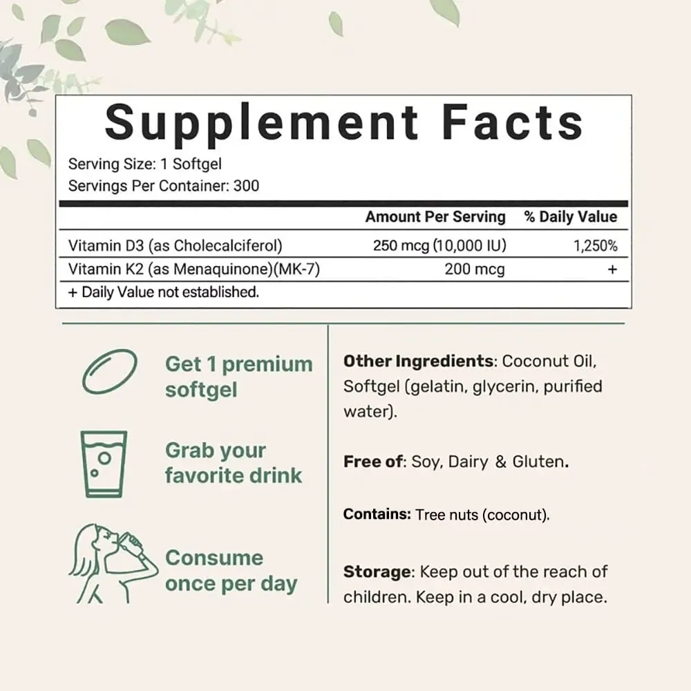 Vitamin D3 10 000iu + K2 MK7 200mcg Softgels | 2-in-1 Complex with Coconut Oil | Supports Heart Bone Teeth & Immune Health
