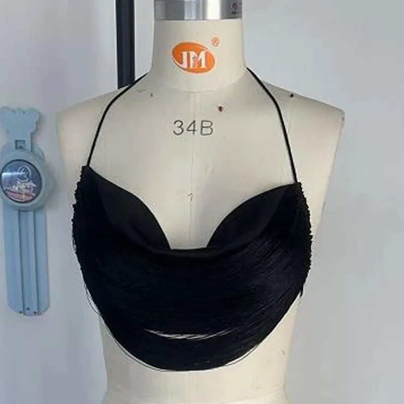 Hotsweet Girl Party Rave Night Out Micro Crop Top Women Fringe Tank Tops Coquette Backless Spaghetti Strap Tassel Camisole