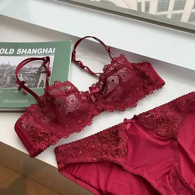 Sexy Lace Bra Set for Women Plus Size Half Cup Sheer Ultra Thin Nipple Concealed Erotic Lingerie Push Up Comfort Underwear Set