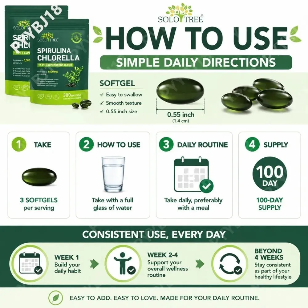 Solo Tree Spirulina Chlorella Softgels with Organic Microalgae Vitamin B6 B12 Digestive Balance & Immune Support 300 Softgels