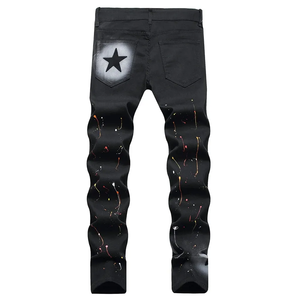 Men Star Painted Denim Jeans Casual Graffiti Print Slim Straight Pants Black Stretch Cotton Spandex Trousers